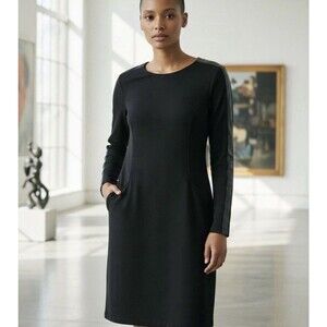 Lauren Ralph Lauren Black Sheath Dress Lambskin Stripe Zip Round Neck Knee 12